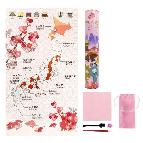 Japan Cherry Blossom Scratch Off Map by TWIIMA – Scratchoff Map with Unique Accessories Gift – Pink Scratch Travel Map Gifts – Hanging Map – Scratcher, Brush and Pouch, Flower Perfume Included