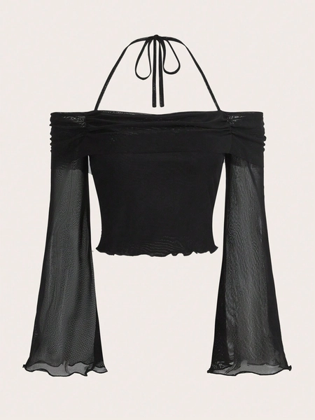 SHEIN ICON Sólido Gola Halter Franzido Malha Top