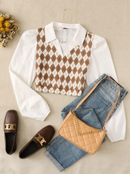 SHEIN Qutie Top Cortado Impressão de argila Manga Bufante