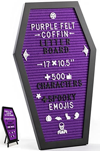 Coffin Letter Board With Spooky Emojis - Halloween Decor Gifts - Halloween Decorations Indoor - Goth Witchy Gothic Decor - For Wall or Table Top +500 Characters, 17x10.5 Inches (Purple) - Purple