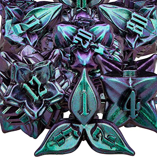 ARUOHHA DND Metal Dice Set Leaf D and D Dice with Gift Box, Purple Green Dungeons and Dragons Polyhedral Dice RPG Role Playing Game D&D Dice Set D20 D12 D10 D8 D6 D4 - Purple Green