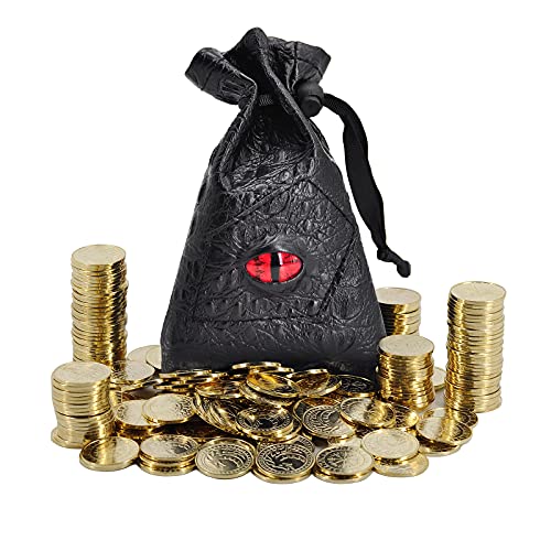 DND Fantasy Coins 50 Antique Gold Metal Treasure Tokens with Leather Pouch - Gaming Loot, Accessories & Props for Dungeons and Dragons, Tabletop RPG, Board or Card Game, LARP and Cosplay