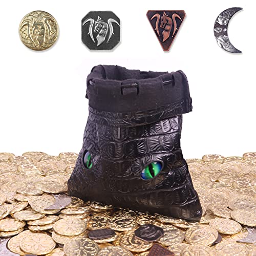 145PCS Metal DND Coins & Leather Bag, Contains 60 Gold Coins, 40 Sliver Coins, 40 Copper Coins and 5 Platinum Coins, Game Tokens with Glow in The Night Eyes Leather Bag for RPG Tablelap Games