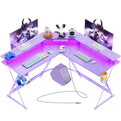 SEVEN WARRIOR Gaming Desk 50.4” with LED Light & Power Outlets, L-Shaped Gaming Desk Carbon Fiber Surface with Monitor Stand, Ergonomic Gamer Table with Cup Holder, Headphone Hook, Purple - Purple