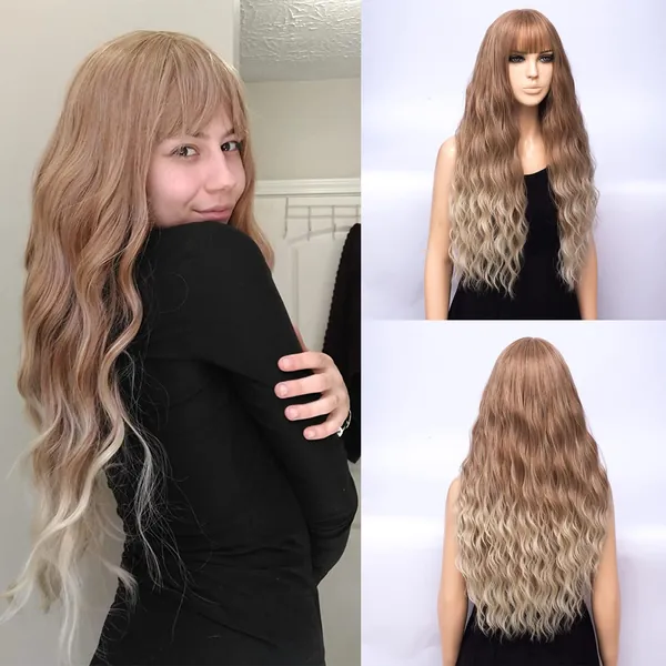 netgo Women Strawberry Blonde Ombre Light Blonde Wigs with Bangs Natural Wave Long Curly Heat Resistant synthetic Wig 30" - Strawberry Blonde Ombre Light Blonde