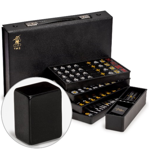 Yellow Mountain Imports Japanese Riichi Mahjong Set - Black Standard Size Tiles and Vinyl Case - with East Wind Tile, Set of Betting Sticks, & Dice - 