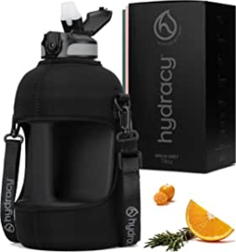 Hydracy Water Bottle with Storage Sleeve and Straw - Large Half Gallon 78 oz BPA Free Motivational Jug with Handle & Time Marker - Leak Proof Gym Bottle - Ideal Gift for Fitness or Sports & Outdoors - 78oz Space Grey Straw 78oz