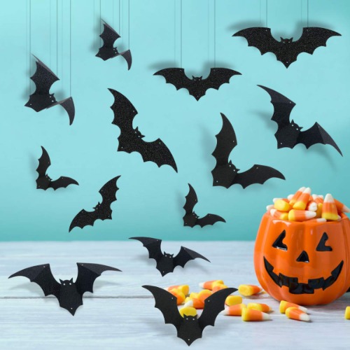 24Pcs Black Glitter Hanging Bats Garland and Bats Wall Decals-Hanging Bat Decorations,Bat Party Supplies,Halloween Party Decorations,Flying Bats Halloween,Bat Garland