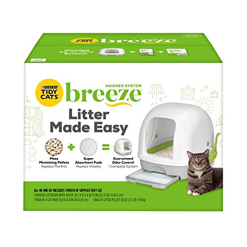 Purina Tidy Cats Hooded Litter Box System, BREEZE Hooded System Starter Kit Litter Box, Litter Pellets & Pads - 10.37 Pound (Pack of 1) - White