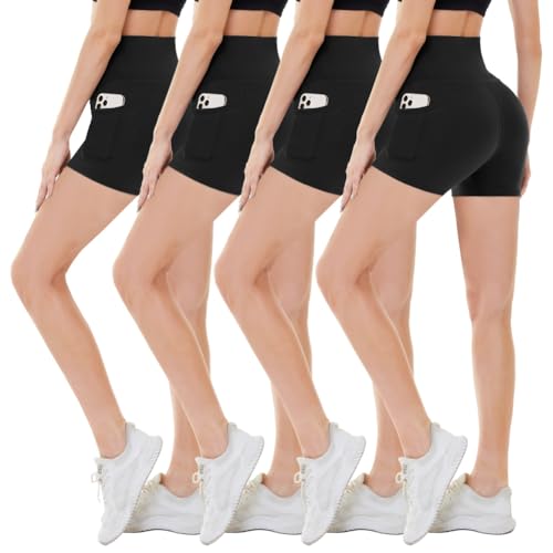 CAMPSNAIL 4 Pack Biker Shorts Women with Pockets – 5"/8" High Waist Tummy Control Workout Gym Yoga Running Compression Shorts - 5 inch pockets - Small-Medium - 1#black, 4 Packs