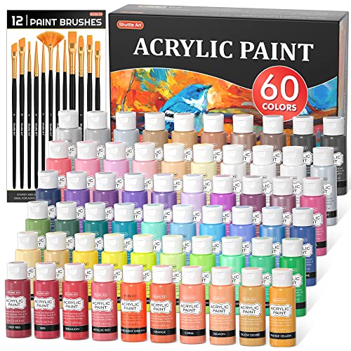72 Pack Acrylic Paint Set, Shuttle Art 60 Colors Acrylic Paint Including Extra White Black & 12 Brushes, 2oz/60ml, Rich Pigmented, Water Proof, Ideal for Artists, Beginners on Canvas Rock Wood Ceramic - 60 Colors