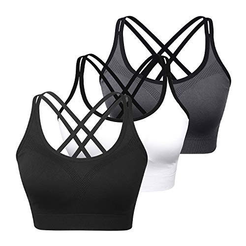 WOYYHO Cross Back Sports Bra for Women Padded Strappy Yoga Bra Medium Support Workout Bra for Athletic Gym Fitness 3 Pack - Medium - B 3 Pack Black/White/Grey