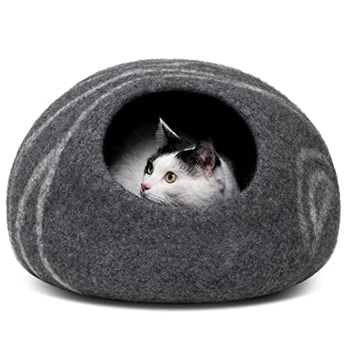 MEOWFIA Premium Felt Cat Bed Cave - Handmade 100% Merino Wool Bed for Cats and Kittens (Dark Shades) (Medium, Dark Grey) - Medium - Dark Grey