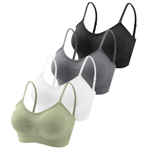 Omisy 4 Pieces V Neck Padded Bralette Cami Bra Wireless Tank Top Bra Sports Bra with Adjustable Straps - Black, White, Olive, Dark-grey - Small
