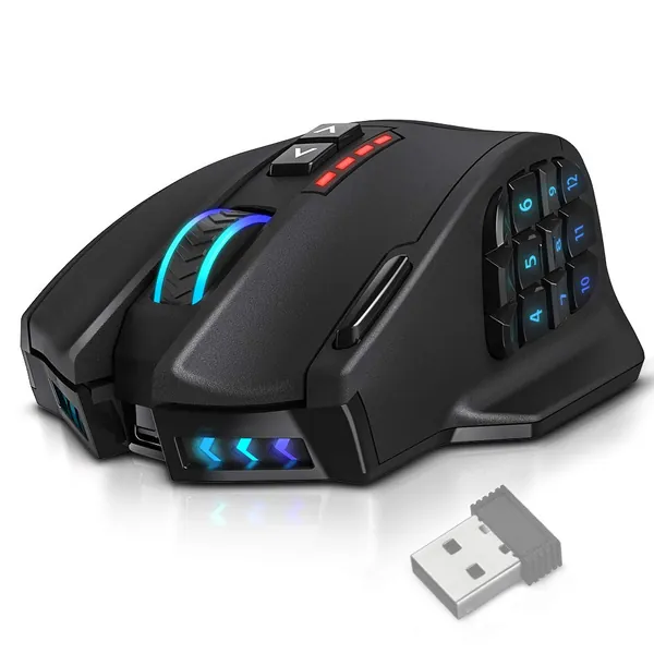UtechSmart Venus Pro RGB Wireless MMO Gaming Mouse, 16,000 DPI Optical Sensor, 2.4 GHz Transmission Technology, Ergonomic Design, 16M Chroma RGB Lighting, 16 programmable Buttons, Up to 70 Hours - classic black