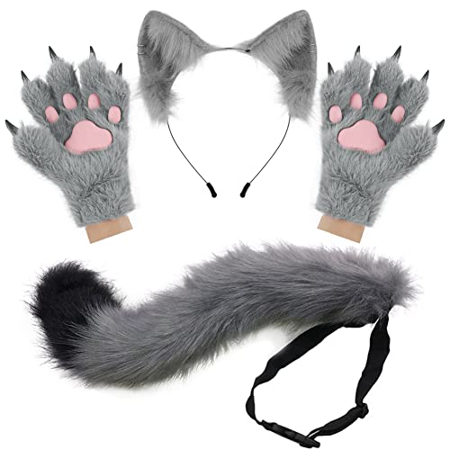HAOAN Wolf Fox Tail Clip Ears and Gloves Set Halloween Christmas Fancy Party Costume Toys Gift for Women - Gray02