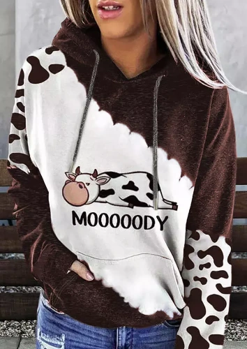 Mooooody Cow Kangaroo Pocket Drawstring Hoodie - Brown - Bellelily