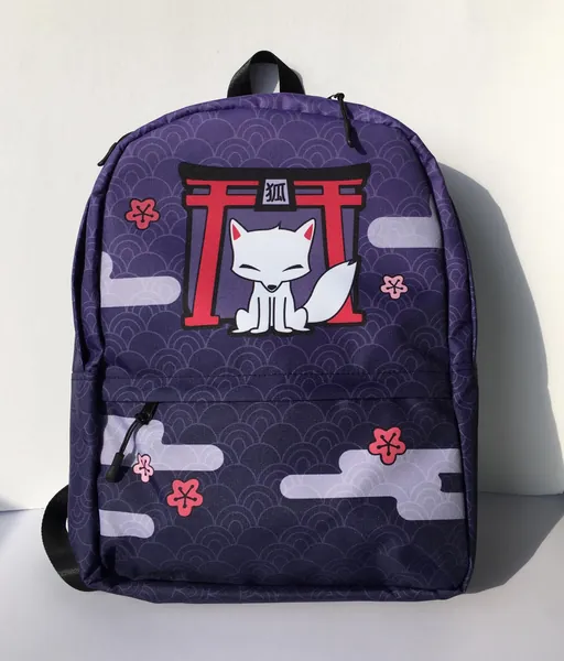 Shrine Fox Backpack - purple asian print bag with fox - kawaii anime Japanese white kitsune travel bag