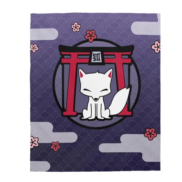 Kitsune Plush Blanket - White Fox Japan Shrine Gates - Velveteen Throw Blanket - Japan Home Decor