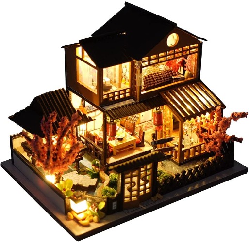 Japanese Style DIY Doll House Kit Handmade Miniature Furniture LED Lights Wooden Dollhouse Kit Music with Movement 1:24 Scale Model House Kit Birthday (Mini Sakura Garden) (Mini Sakura Garden Plus D - Mini Sakura Garden