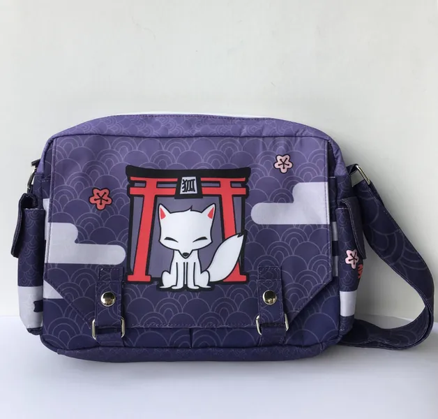 Japanese Fox Messenger Bag - Anime Shoulder Bag - Shrine Kitsune Crossbody Bag with pockets - Anime Courier Bag