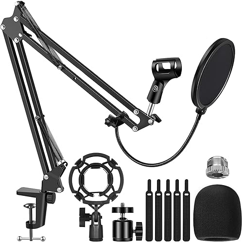 Mic Boom Arm Microphone Stand for Blue Yeti Blue Snowball Yeti Nano iCE,QuadCast,Webcam Stand with Mic Shock Mount 3/8" to 5/8" Screw Adapter Windscreen Pop Filter Mic Clip Holder, Cable Ties