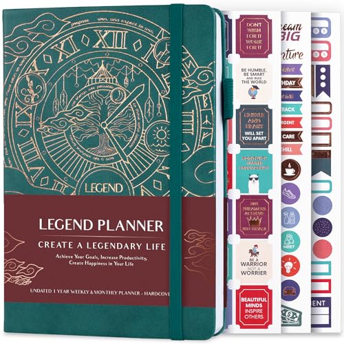 Legend Planner Deluxe Weekly & Monthly Life Planner to Hit Your Goals & Live Happier. Organizer Notebook & Productivity Journal. A5 Hardcover, Undated Start Any Time + Stickers Dark Teal Gold - Dark Teal Gold (Undated) - A5 (5.5'' x 8.3'')