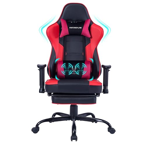FANTASYLAB Gaming Chairs for Adults,Gaming Chair with Massage Lumbar Support and Retractible Footrest, High Back Ergonomic Computer Chair,Adjustable Armrests and Backrest (Red) - Red