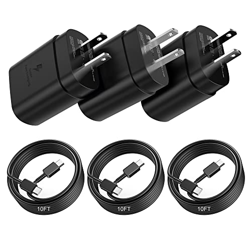 Fast Charger Type C, 3 Pack 25W USB C Wall Charger Fast Charging Block with 10ft C to C Charging Cable for Samsung Galaxy S22, S22 Plus, S20 / S21 Ultra Plus, Note 20 / Note 10 Plus - 10FT - Black - 3