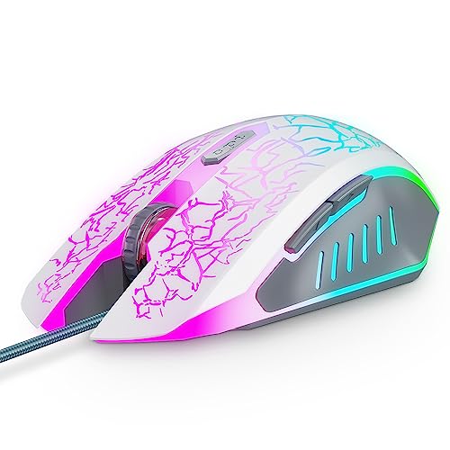VersionTECH. Wired Gaming Mouse, Computer Mouse Ergonomic Mice with 7 LED Lights RGB Backlit, 6 Programmable Buttons, 4 Adjustable DPI for Laptop PC Gamer Desktop Chromebook Mac Games-White - white