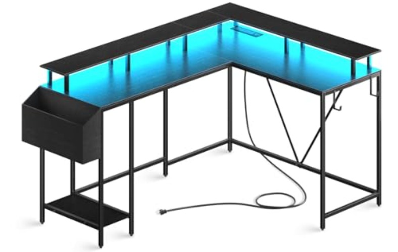 Eivanet L Shaped Gaming Desk with Power Outlets & LED Lights, Computer Desk with Monitor Stand & Storage Shelf, Home Office Desk Corner Desk with Hooks, Easy to Assemble, Black - Black