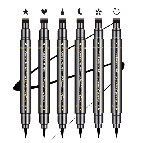 SUMEITANG 6 Pcs Double-headed Eyeliner Stamps Set Black Liquid Eye Liner Pen With Star,Moon,Heart,Flower,Smiley,Triangle Stamp Stencils Shapes for Women Makeup Kit Long-Lasting Waterproof Smudgeproof - Black