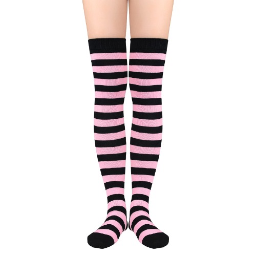 Womens Rainbow Socks Striped Knee High Socks Thigh High Stockings Casual Tube Socks Costume Leg Warmers - One Size 03 Pink Black