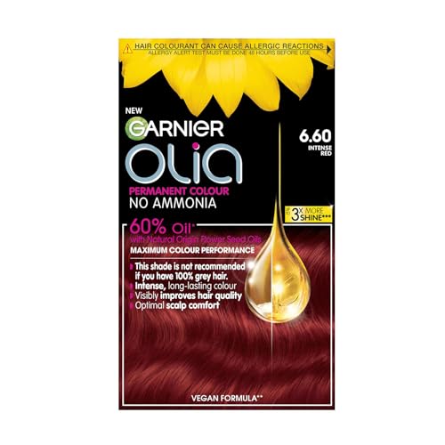 Garnier Olia Permanent Hair Dye, Up to 100% Grey Hair Coverage, No Ammonia, 6.60 Intense Red - Intense Red - 1 count (Pack of 1)