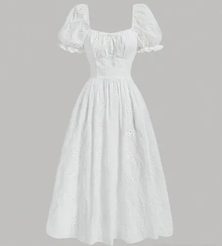 Embroidery Puff Sleeve Tie Front Dress