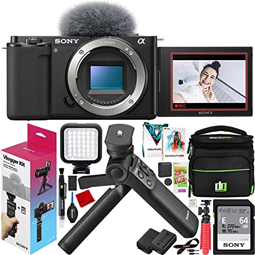 Sony ZV-E10 Mirrorless Alpha Interchangeable Lens Camera Body Vlogger Kit ILCZV-E10/B Black Bundle with ACCVC1 Including GP-VPT2BT Grip + Deco Gear Photography Case + Extra Battery & Accessories Kit - Black