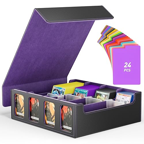 Flooyes Card Storage Box for Trading Cards with 4 Card Supporters, 3200+ MTG Deck Box with 24 Colorful Dividers, Commander Trading Card Storage Box with Viewing Windows for Magic Game Cards, Purple - Black and Purple