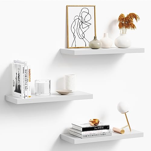 oridom Floating Shelves for Wall, White Wood Wall Shelf Set of 3, 16" Wall Mounted Floating Shelf for Kitchen, Living Room, Bedroom, Bathroom Storage, Book Shelf for Wall Home Decor, Frame Display - 16inch - White