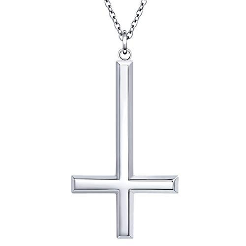 Mens S925 Sterling Silver Large Cross Pendant Necklace 24 Inches Silver Chain - Upside Down Cross