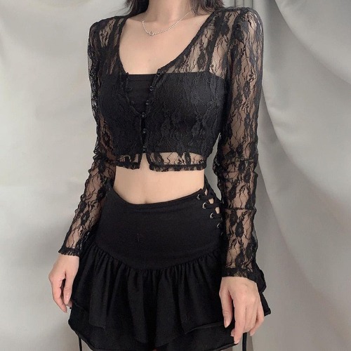 Gothic Crop Top in Black Lace' - Black / S