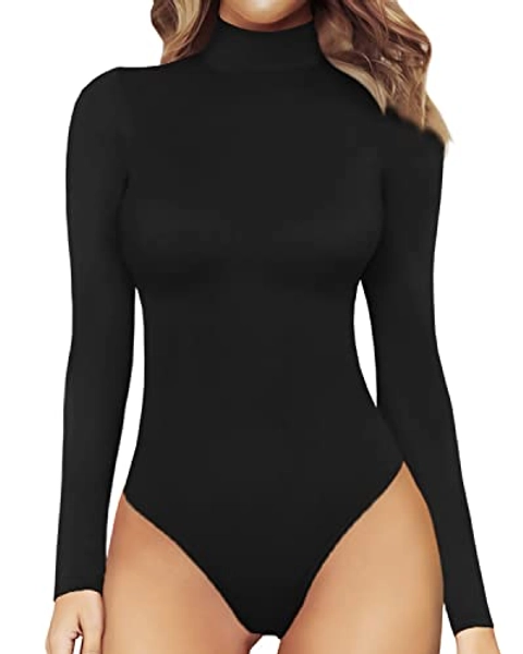 MANGOPOP Women's Mock Turtle Neck Long Sleeve Tops Bodysuit Jumpsuit - A Long Sleeve Black - Large