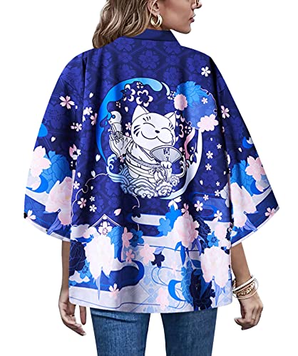 Women's 3/4 Sleeve Japanese Shawl Kimono Cardigan Tops Cover up OneSize US S-XL - One Size - Blue Lucky Cat19079