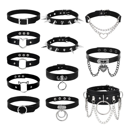 sailimue 12Pcs Punk Leather Choker Necklace Set for Women Choker Gothic Adjustable Leather Collar Choker Punk PU Necklace Goth Choker Cosplay Jewelry, Leather, Cubic Zirconia