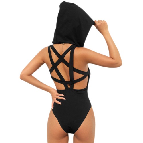 Women Rave Pentagram Bodysuit Jumpsuit Sexy Hoodie Festival Clothing Romper for Dance Party Clubwear - Large