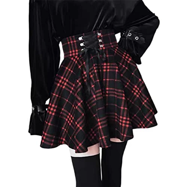 chmakmt Women's Punk High Adjustable Waisted A-line Flare Gothic Mini Plaid Ruffle Pleated Skirt - Medium - Red