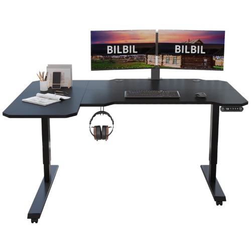 L-Shaped Electric Height Adjustable Standing Desk 59 Inches, Stand Up Rising Table for Home Office with Splice Board, Black Frame and Top - L-Shaped 59 Inch Black