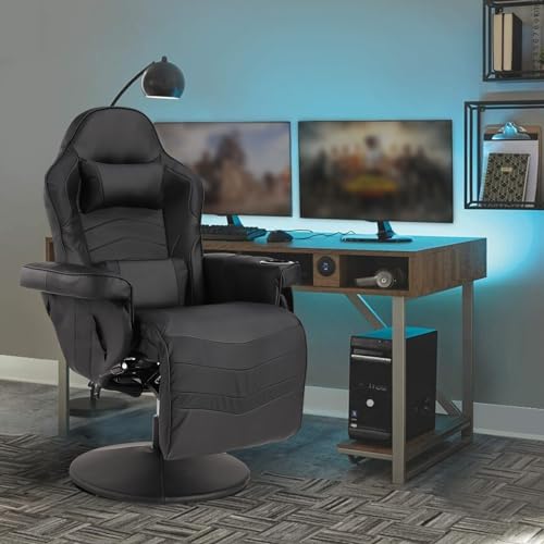 Consofa Gaming Recliner Chair, Massage Gaming Chair with Footrest, PU Leather Gaming Recliner Chair w/Adjustable Height, Swivel Gaming Chair with Lumbar Support, Side Pouch (Black) - Black