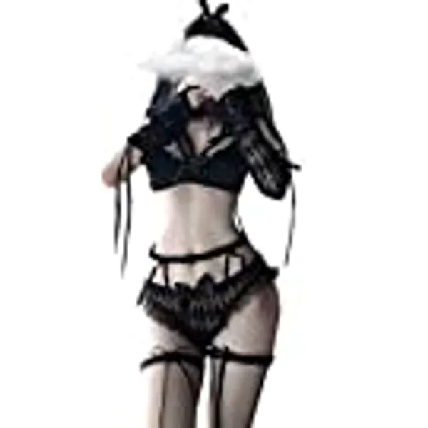 Women Sexy Lingerie Set Lolita Cosplay Ruffle Teddy Outfit Bride Veil Bra and Pantie Nightie with Stocking