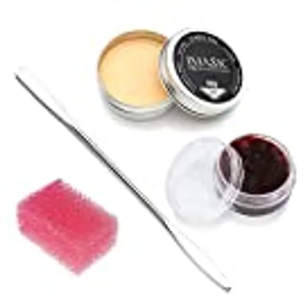 CCbeauty SFX Special Effects Scar Wax Makeup Kit with Fake Wound Moulding Scars (1.16 Oz), Spatula Tool, Scab Blood(0.63Oz) , Pink Stipple Sponge for Halloween, Stage Fake Cuts Makeup
