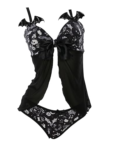 MEOWCOS Women's Nightwear Babydoll Sleepwear Lace V Neck Strap Chemise Halter Lingerie - Black - Medium